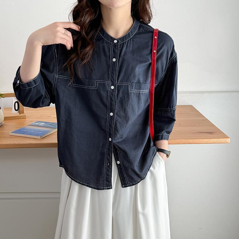 休閒寬鬆明線顯瘦中袖韓版時尚純棉襯衫-HaloBless