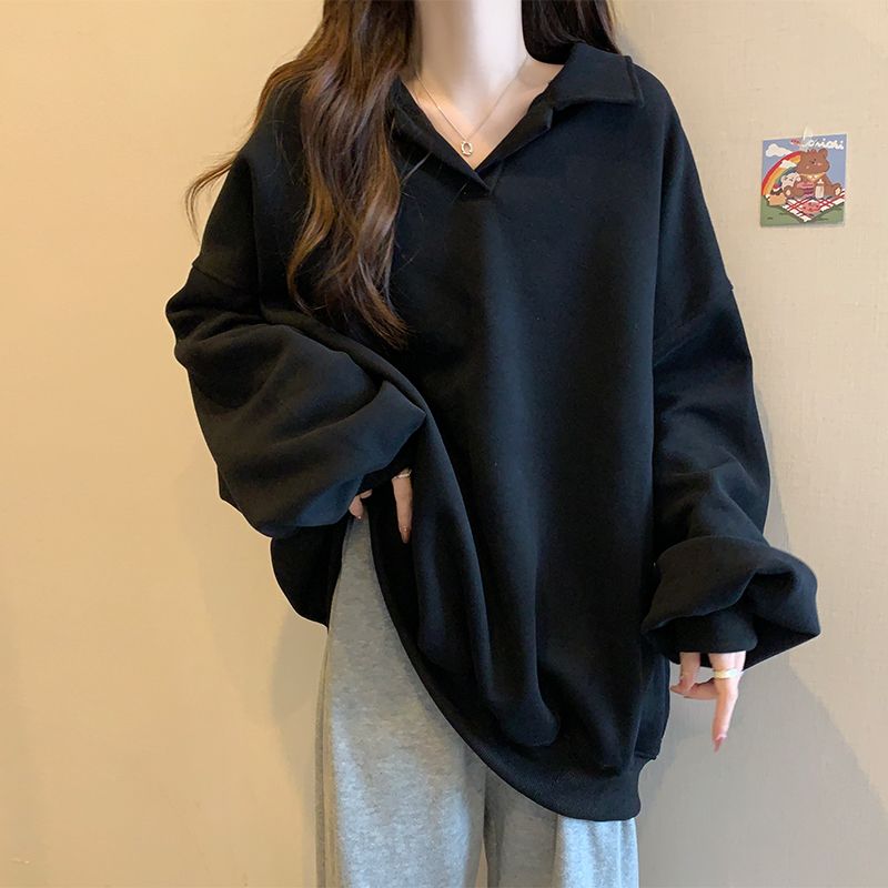 美式寬鬆翻領oversize顯瘦長袖T恤