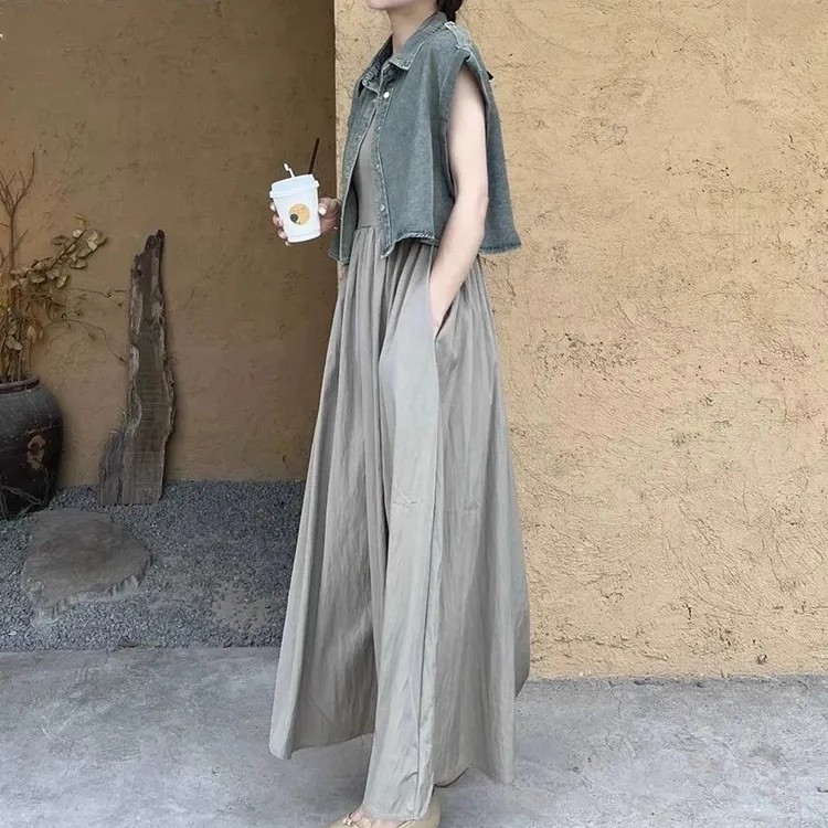 【單件/整套】法式輕熟風坎肩牛仔馬甲+背心連身裙兩件套裝