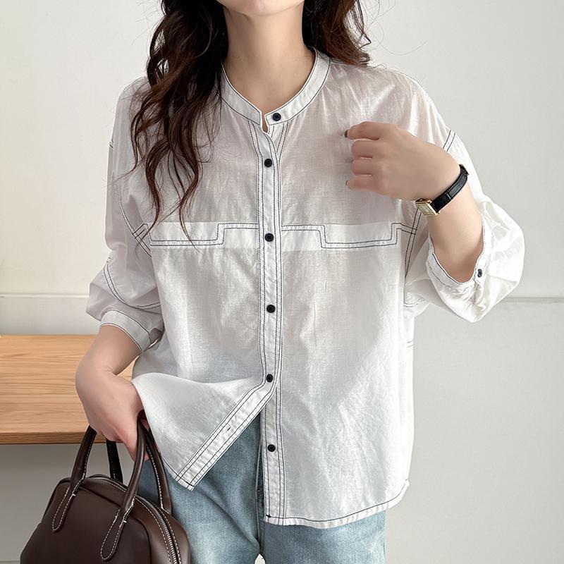 休閒寬鬆明線顯瘦中袖韓版時尚純棉襯衫-HaloBless