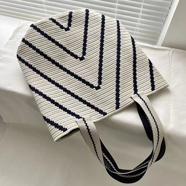 簡約條紋大容量通勤百搭時尚單肩編織腋下包-HaloBless