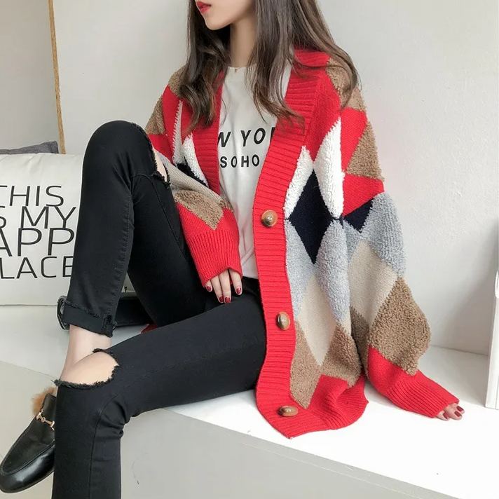 韓版寬鬆慵懶風毛衣V領開衫針織衫-HaloBless