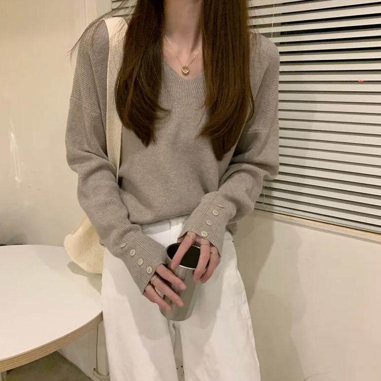 韓版寬鬆v領毛衣長袖套頭針織衫-HaloBless