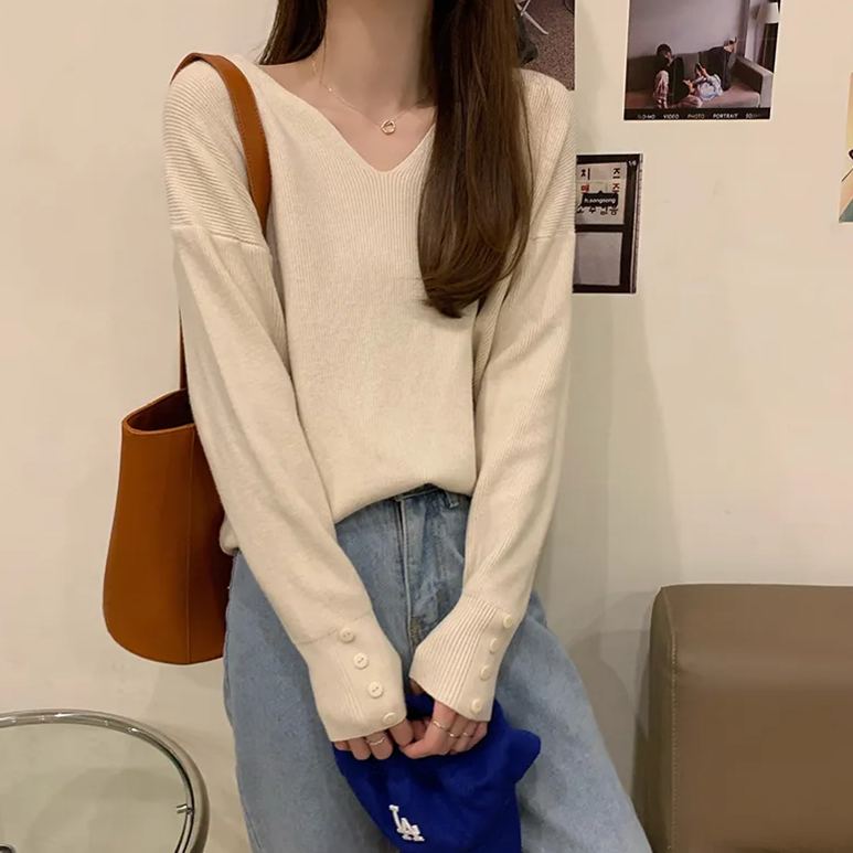 韓版寬鬆v領毛衣長袖套頭針織衫-HaloBless
