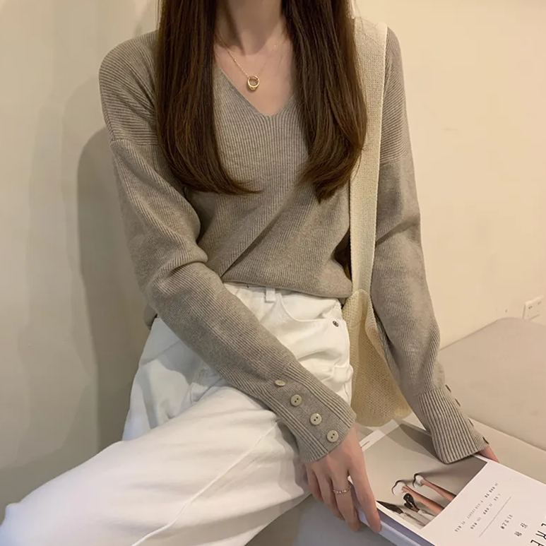 韓版寬鬆v領毛衣長袖套頭針織衫-HaloBless