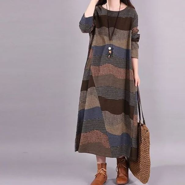 文藝范氣質印花圓領長袖休閒寬鬆棉麻連身裙-HaloBless