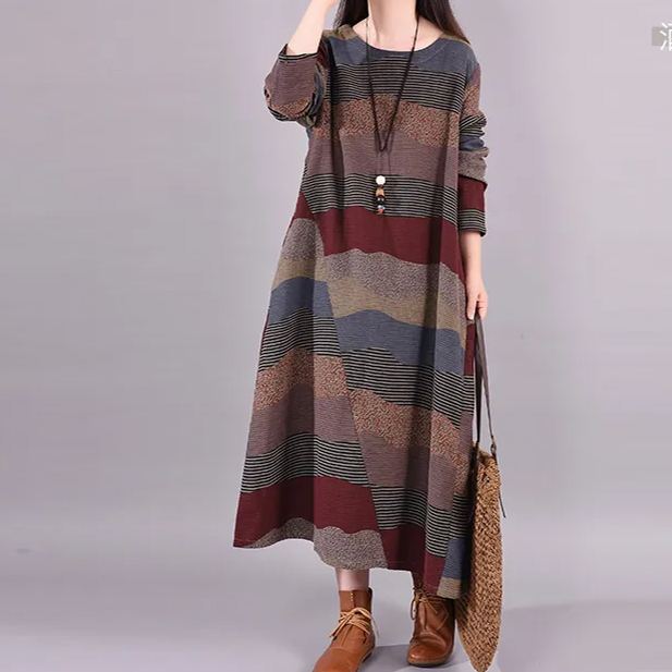 文藝范氣質印花圓領長袖休閒寬鬆棉麻連身裙-HaloBless