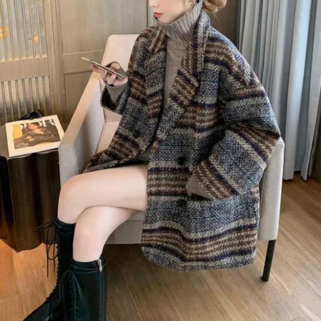 格子毛呢流行韓版寬鬆呢子大衣中長款外套夾克-HaloBless