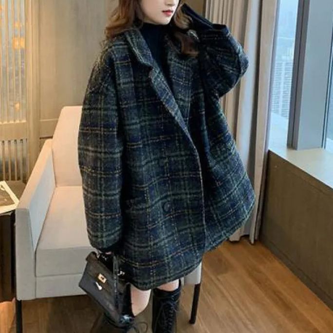 格子毛呢流行韓版寬鬆呢子大衣中長款外套夾克-HaloBless