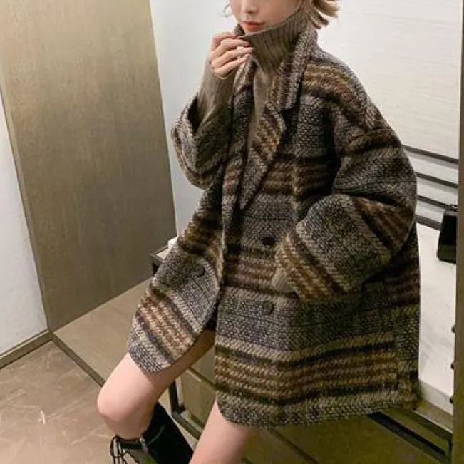 格子毛呢流行韓版寬鬆呢子大衣中長款外套夾克-HaloBless