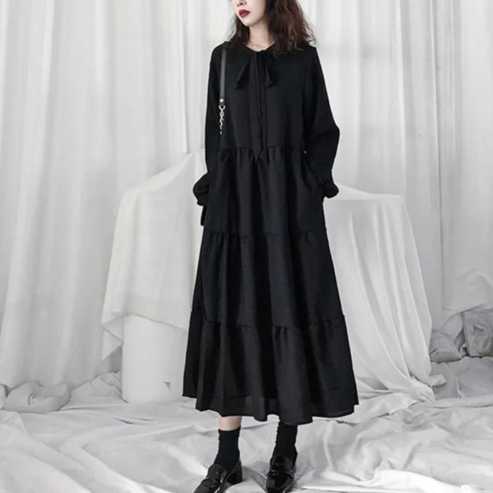 法式桔梗寬鬆氣質復古小黑裙溫柔風雪紡連衣裙