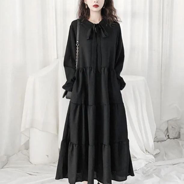 法式桔梗寬鬆氣質復古小黑裙溫柔風雪紡連衣裙