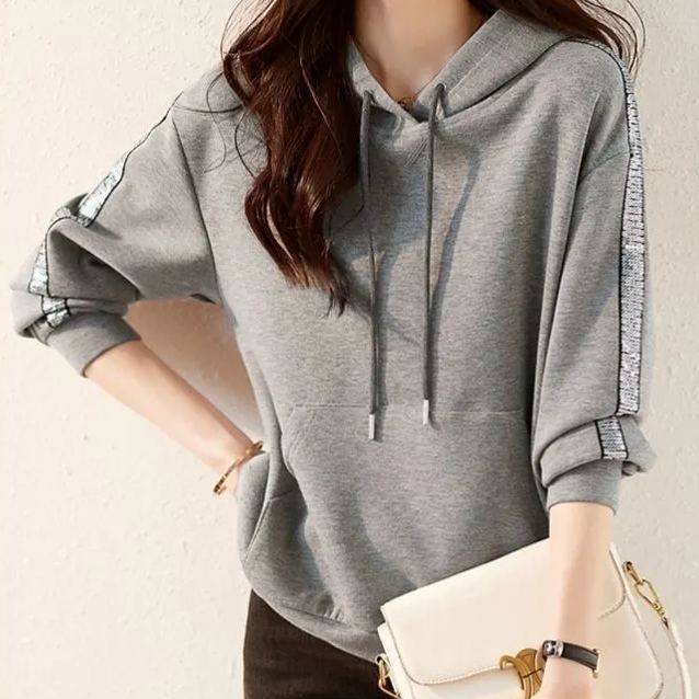 連帽純色亮片系帶時尚百搭舒適休閒衛衣-HaloBless