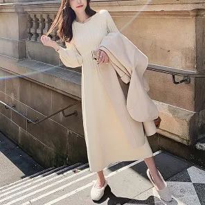 針織內搭長款過膝收腰顯瘦氣質連身裙-HaloBless