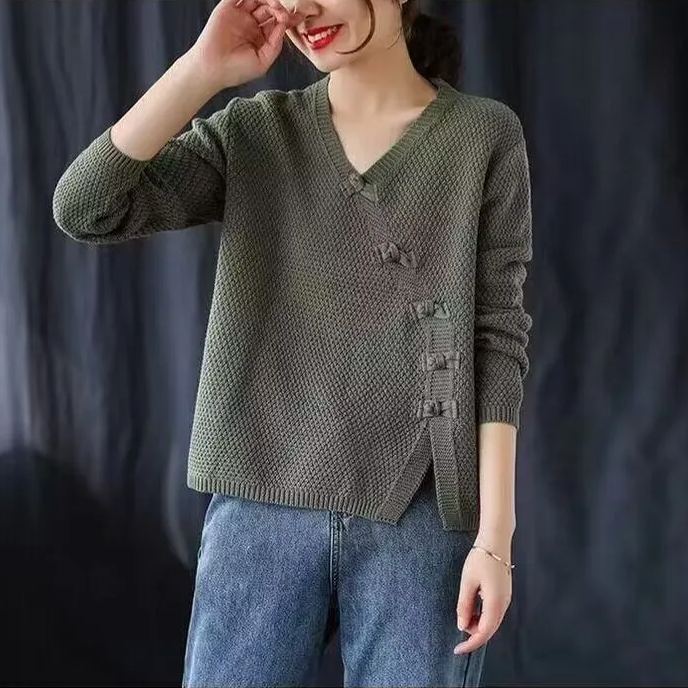 全七色復古打底針織衫盤扣時尚氣質長袖-HaloBless