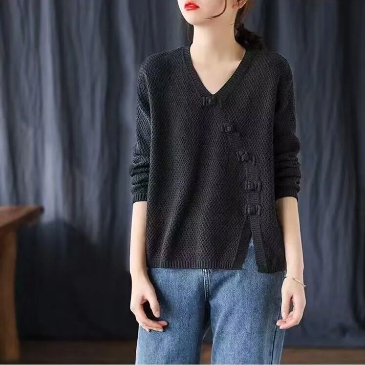 全七色復古打底針織衫盤扣時尚氣質長袖-HaloBless