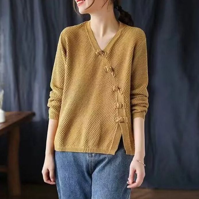 全七色復古打底針織衫盤扣時尚氣質長袖-HaloBless