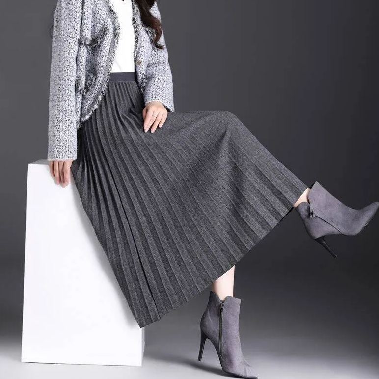 毛呢百褶高腰A字裙中長垂感大擺裙半身裙-HaloBless