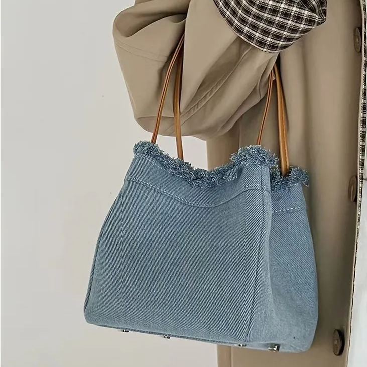 小眾簡約大容量牛仔帆布手提水桶包時尚百搭菜籃子包-HaloBless