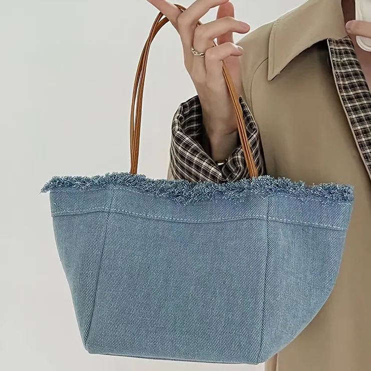 小眾簡約大容量牛仔帆布手提水桶包時尚百搭菜籃子包-HaloBless