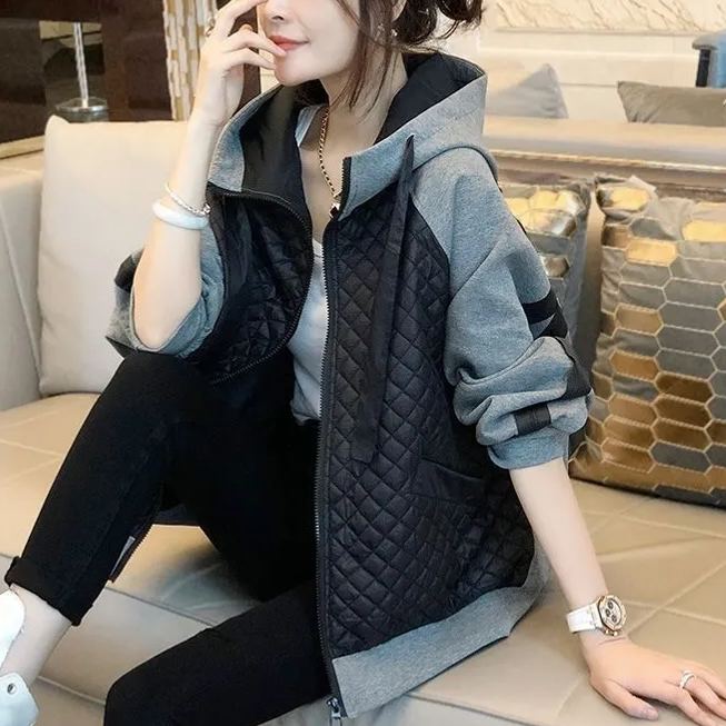 加棉加厚拼接連帽寬鬆棉襖休閒外套開衫-HaloBless