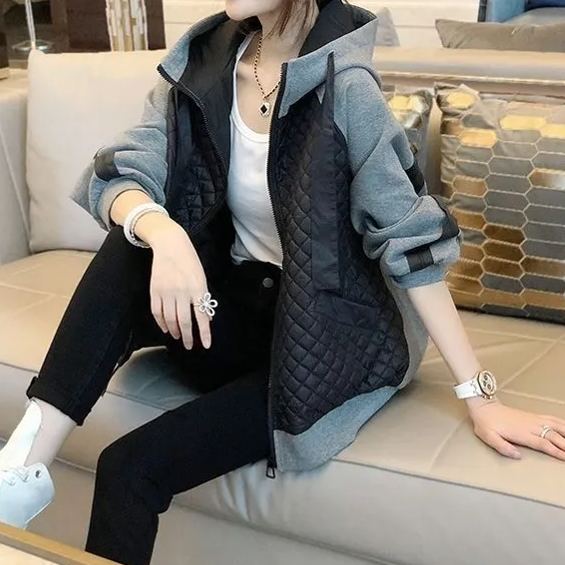 加棉加厚拼接連帽寬鬆棉襖休閒外套開衫-HaloBless