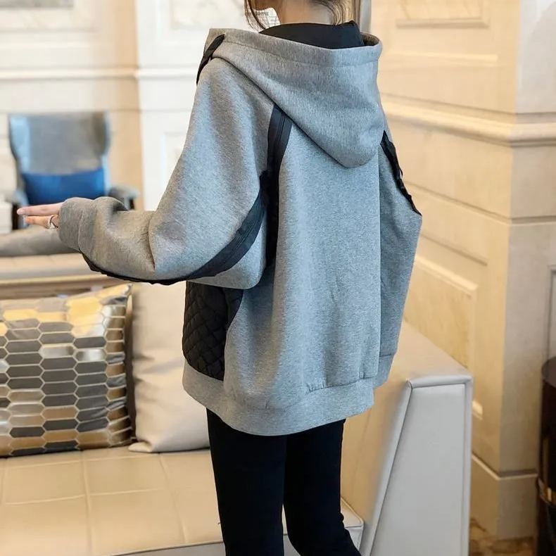 加棉加厚拼接連帽寬鬆棉襖休閒外套開衫-HaloBless