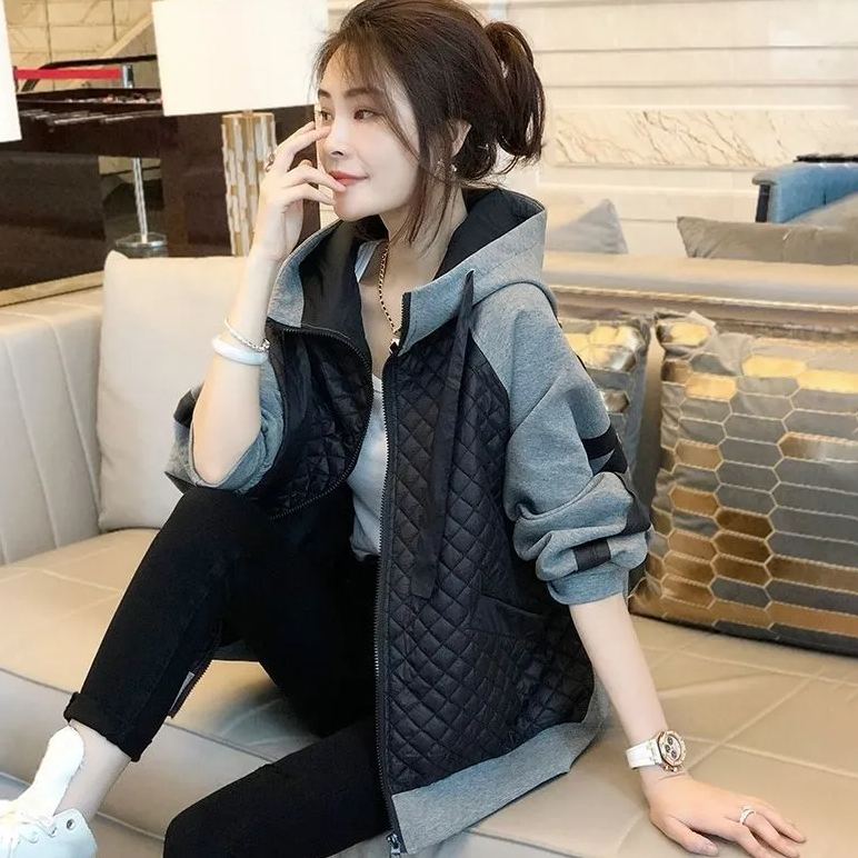 加棉加厚拼接連帽寬鬆棉襖休閒外套開衫-HaloBless