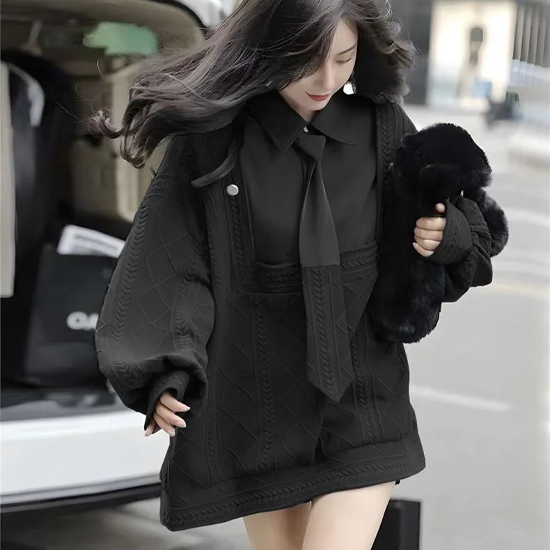 假兩件灰色慵懶風POLO領外穿設計感領帶衛衣-HaloBless