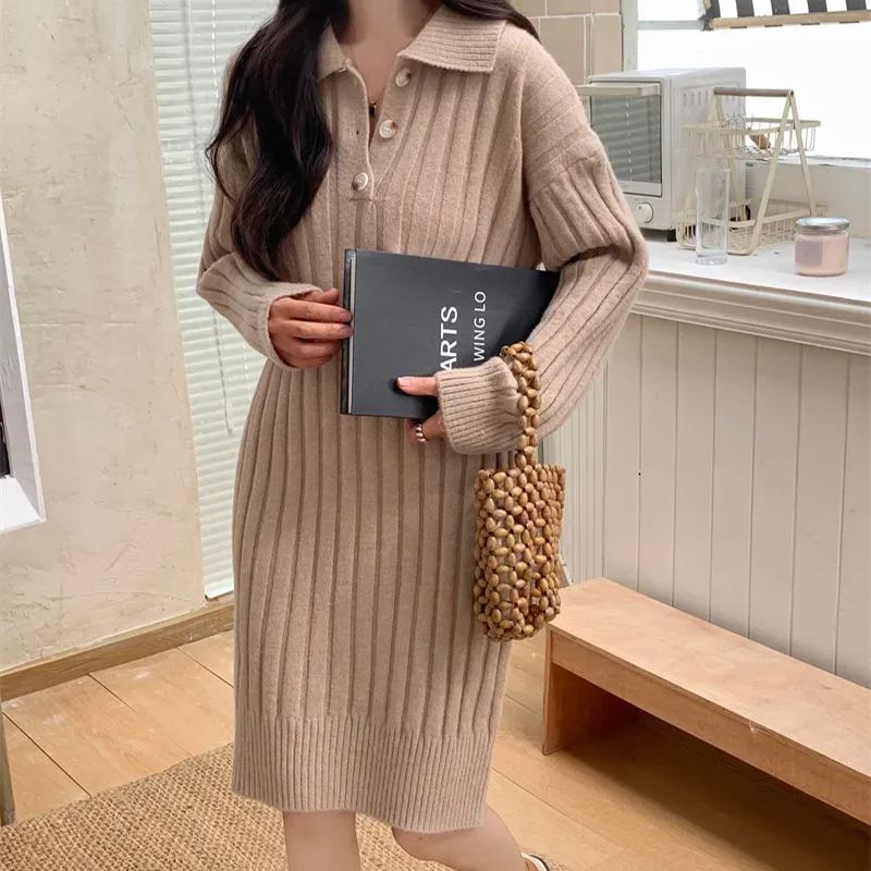 翻領寬鬆長袖內搭中長款打底過膝針織連身裙-HaloBless