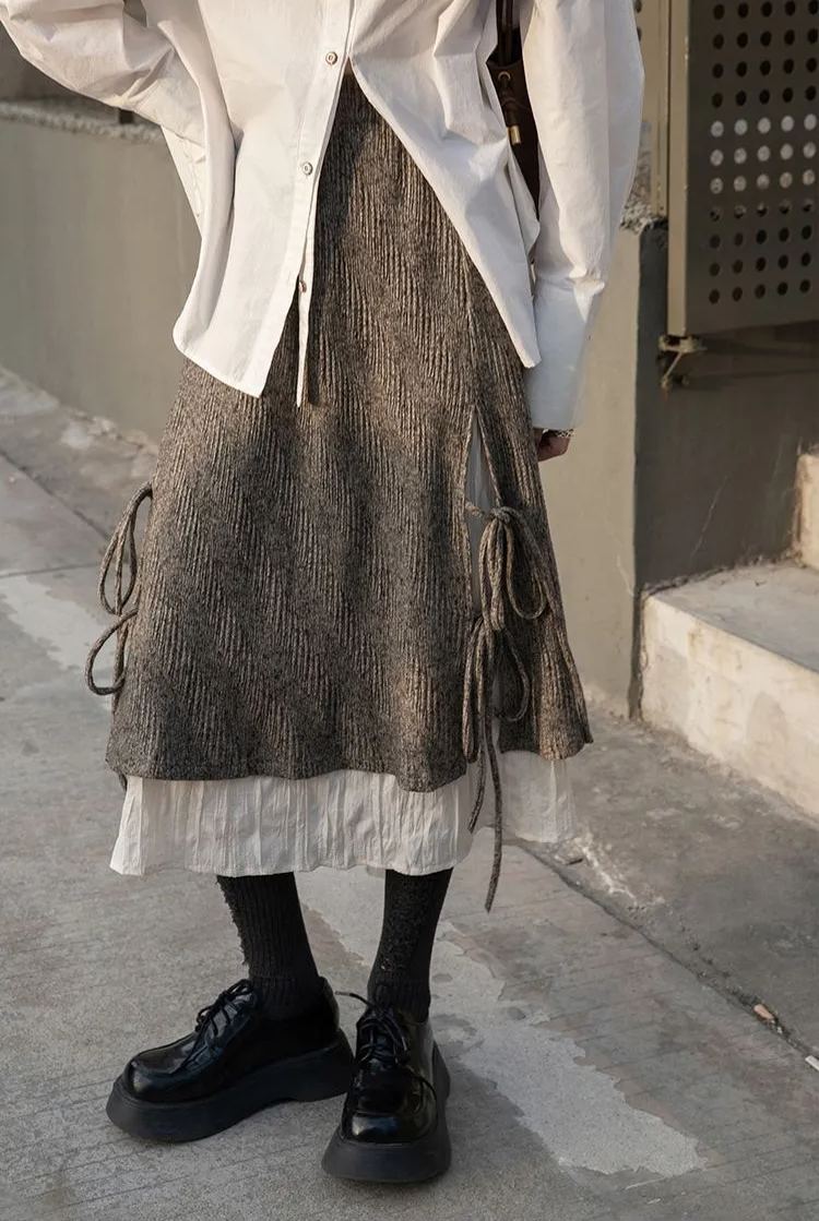 針織中長款a字裙高腰顯瘦復古輕熟裝肌理感拼色半身裙-HaloBless