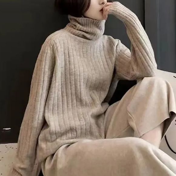 配大衣高領中長款日系復古慵懶寬鬆針織衫長袖-HaloBless