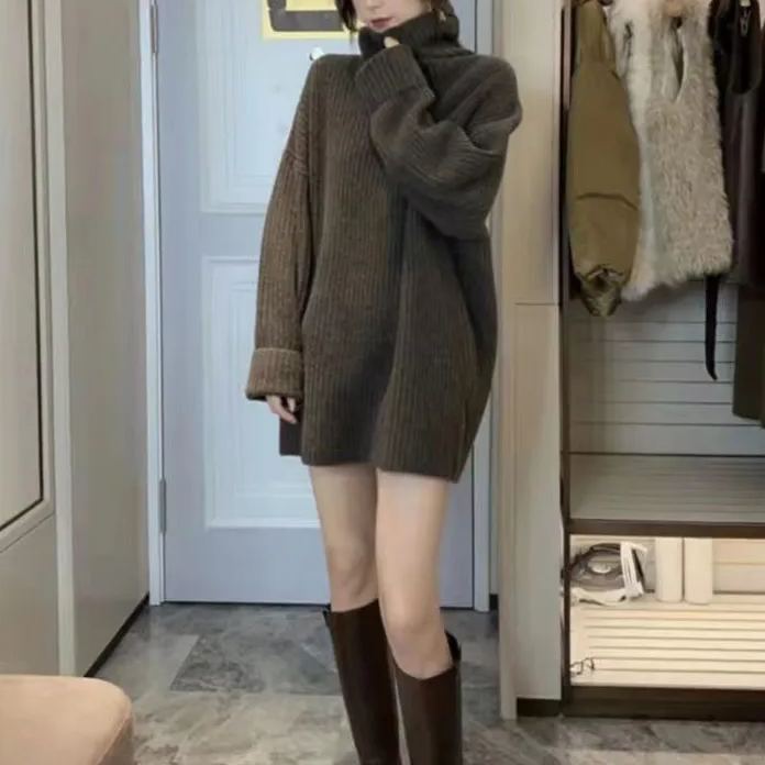 配大衣高領中長款日系復古慵懶寬鬆針織衫長袖-HaloBless