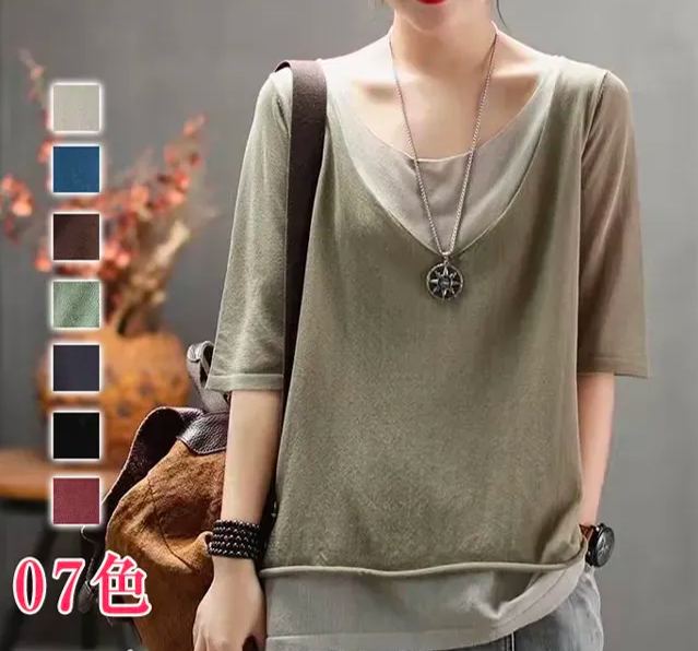 薄款寬鬆休閒百搭文藝拼色v領假兩件棉麻短袖