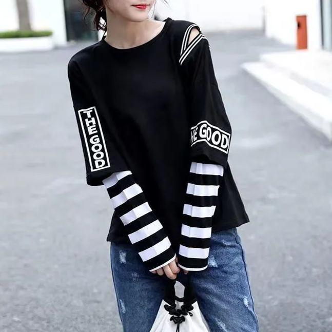 韓版寬鬆百搭拼接假兩件露肩長袖-HaloBless