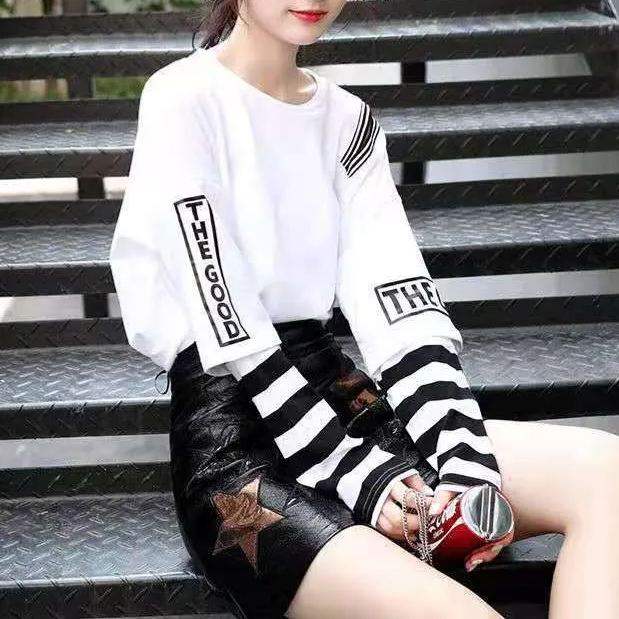 韓版寬鬆百搭拼接假兩件露肩長袖-HaloBless