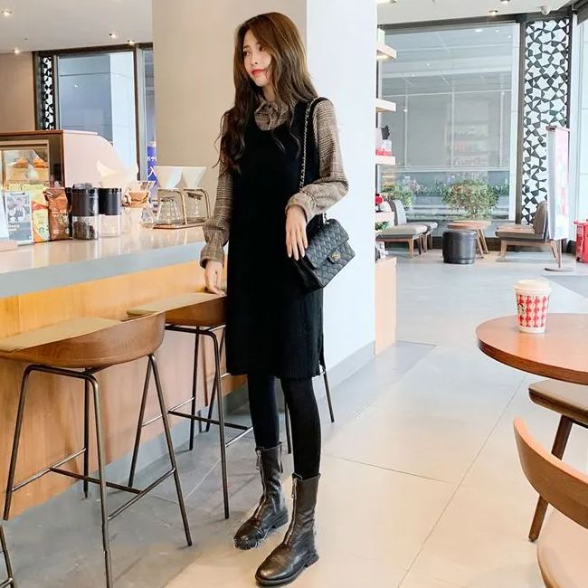 韓版氣質假兩件襯衫領針織拼接中長款連身裙-HaloBless