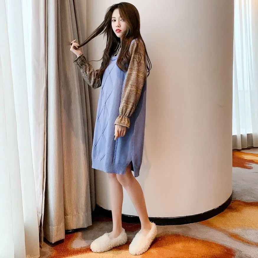 韓版氣質假兩件襯衫領針織拼接中長款連身裙-HaloBless