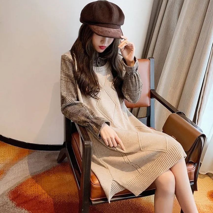 韓版氣質假兩件襯衫領針織拼接中長款連身裙-HaloBless