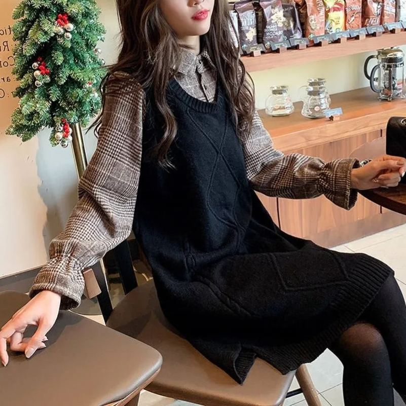 韓版氣質假兩件襯衫領針織拼接中長款連身裙-HaloBless