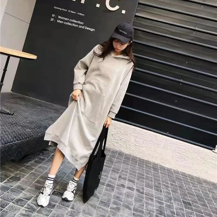 寬鬆休閒大碼素色刷毛連帽T洋裝-HaloBless