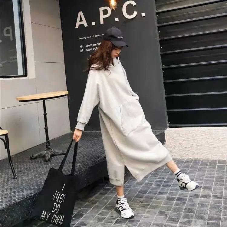 寬鬆休閒大碼素色刷毛連帽T洋裝-HaloBless