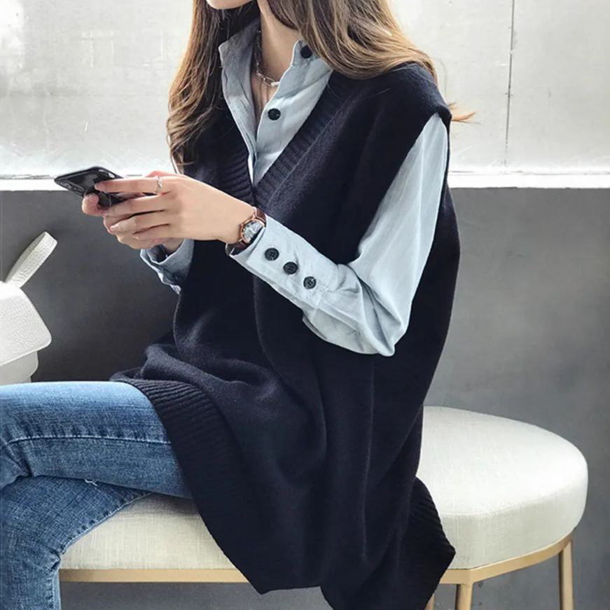 V領開叉百搭chic寬鬆顯瘦背心針織衫-HaloBless