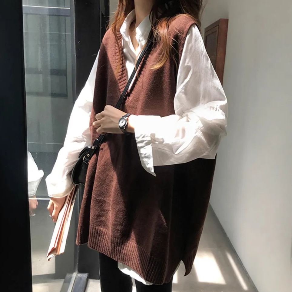 V領開叉百搭chic寬鬆顯瘦背心針織衫-HaloBless