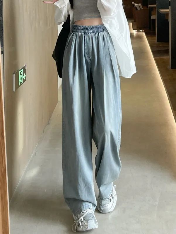 天絲垂感直筒寬鬆慵懶鬆弛感闊腿牛仔褲-HaloBless