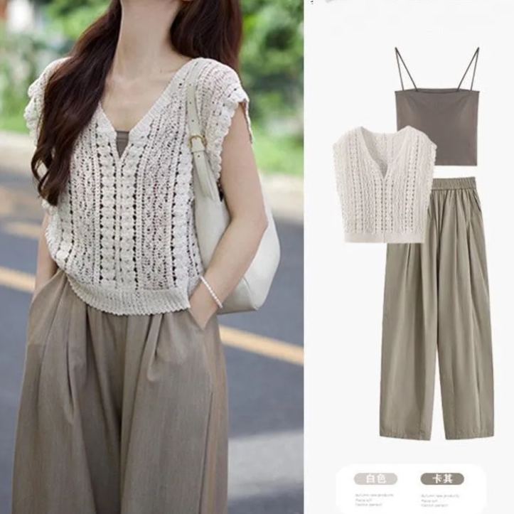 【單件/套裝】休閒顯瘦時尚港風高級韓系三件套裝-HaloBless