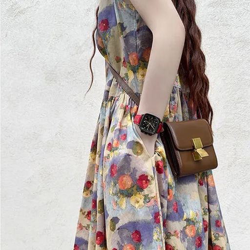 長款及踝油畫風復古印花減齡A字甜美洋裝-HaloBless