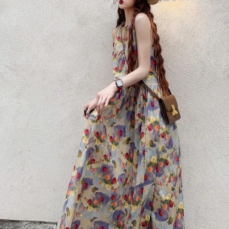 長款及踝油畫風復古印花減齡A字甜美洋裝-HaloBless