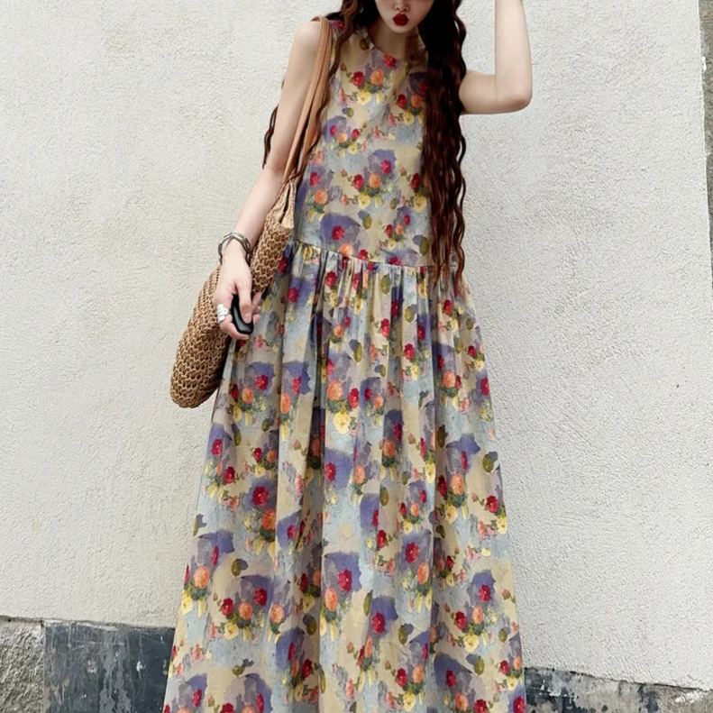 長款及踝油畫風復古印花減齡A字甜美洋裝-HaloBless