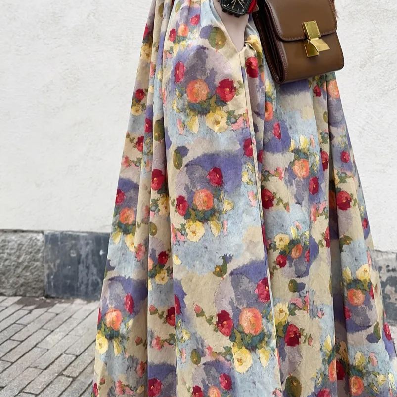 長款及踝油畫風復古印花減齡A字甜美洋裝-HaloBless